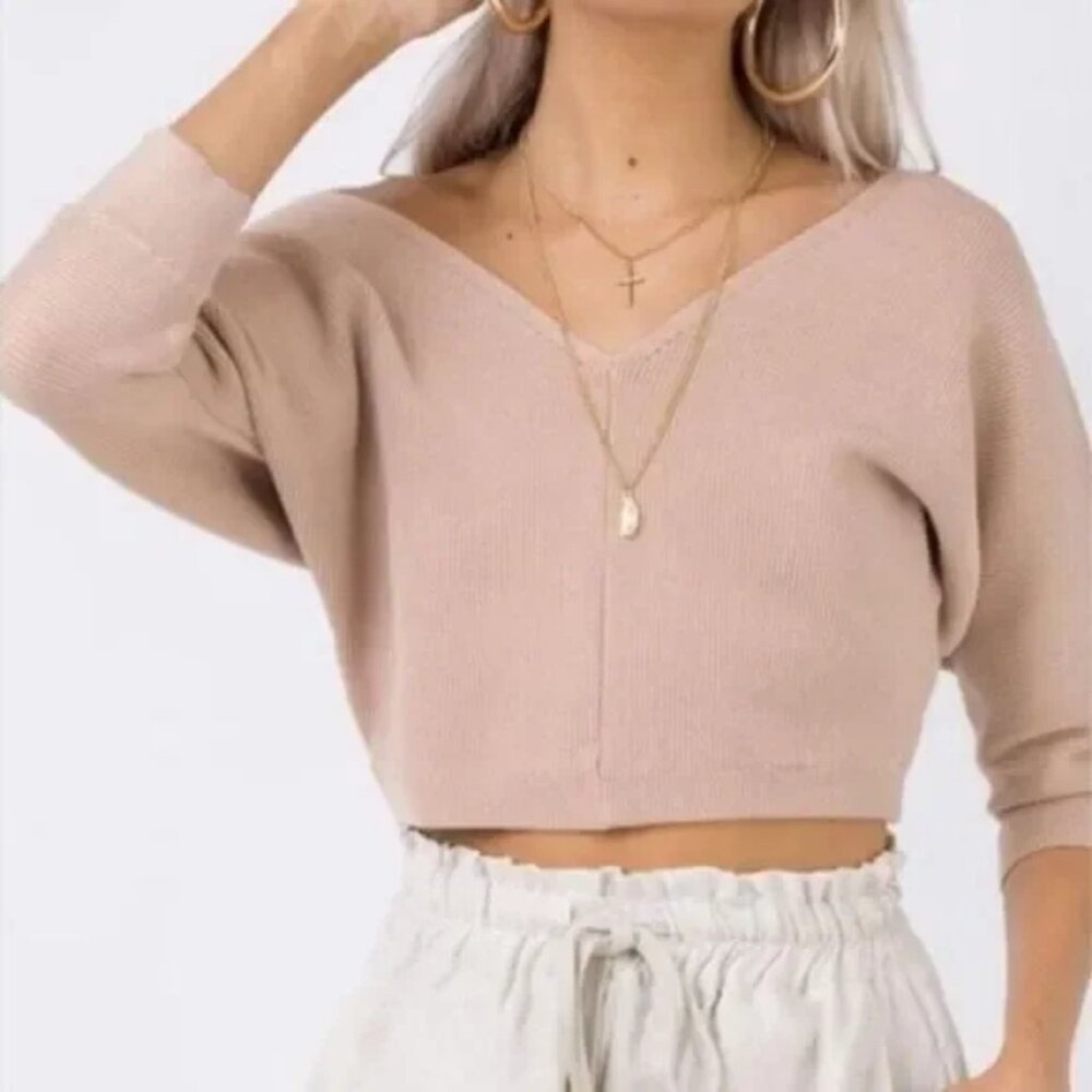 PRINCESS POLLY Love More Knit V-Neck Sweater 3/4 Sleeve Nude color Size S/M